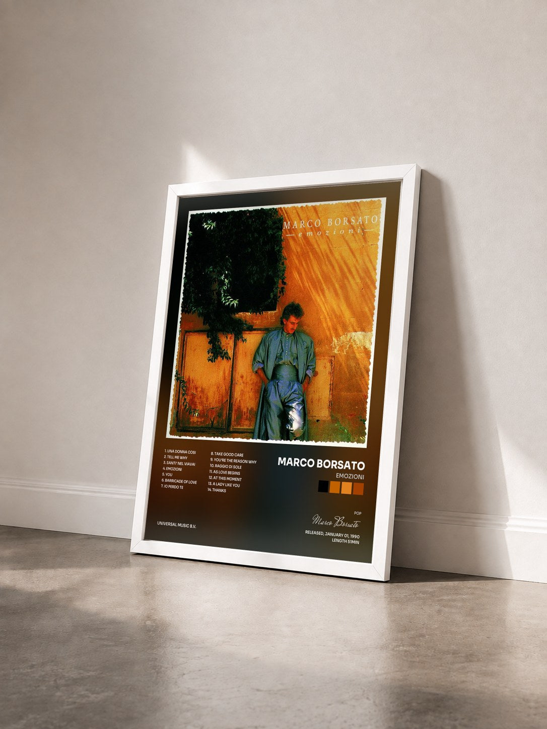 #blanc Tableau de l'album Emozioni de Marco Borsato vu de trois quarts, cadre blanc