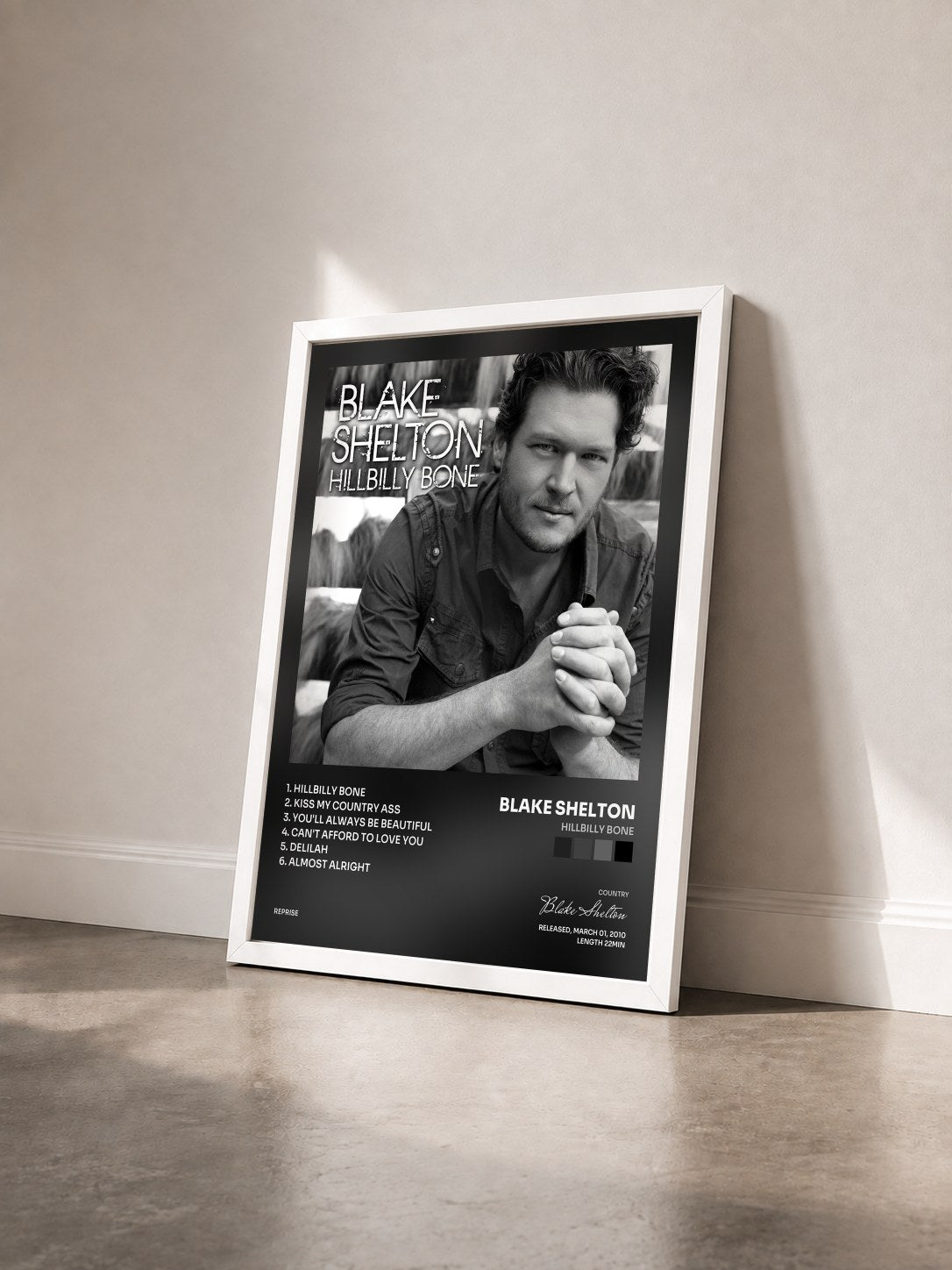#blanc Tableau de l'album Hillbilly Bone de Blake Shelton vu de trois quarts, cadre blanc