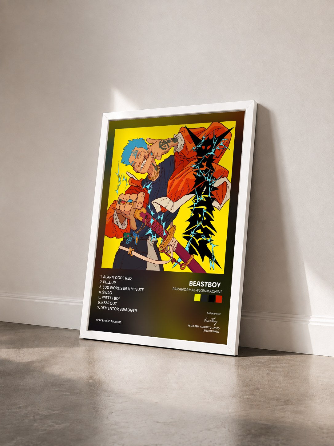 #blanc Tableau de l'album PARANORMAL-FLOWMACHINE de beastboy   vu de trois quarts, cadre blanc