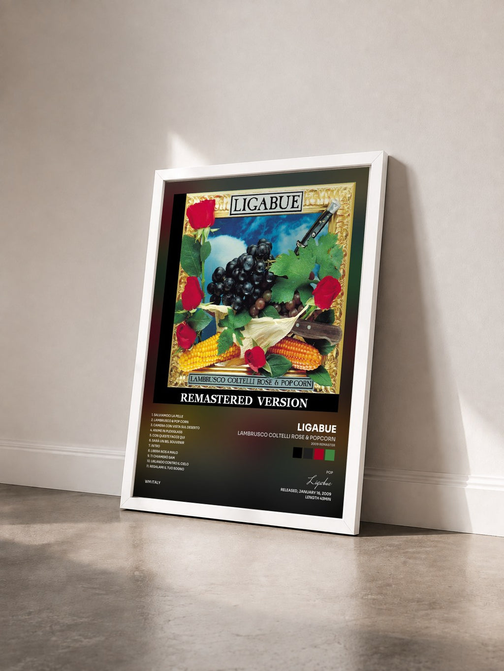 #blanc Lambrusco coltelli rose & popcorn (2009 Remaster) by Ligabue as a framed art print seen at an angle, white frame