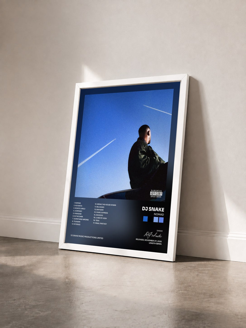 #blanc Tableau de l'album Nomad de DJ Snake vu de trois quarts, cadre blanc
