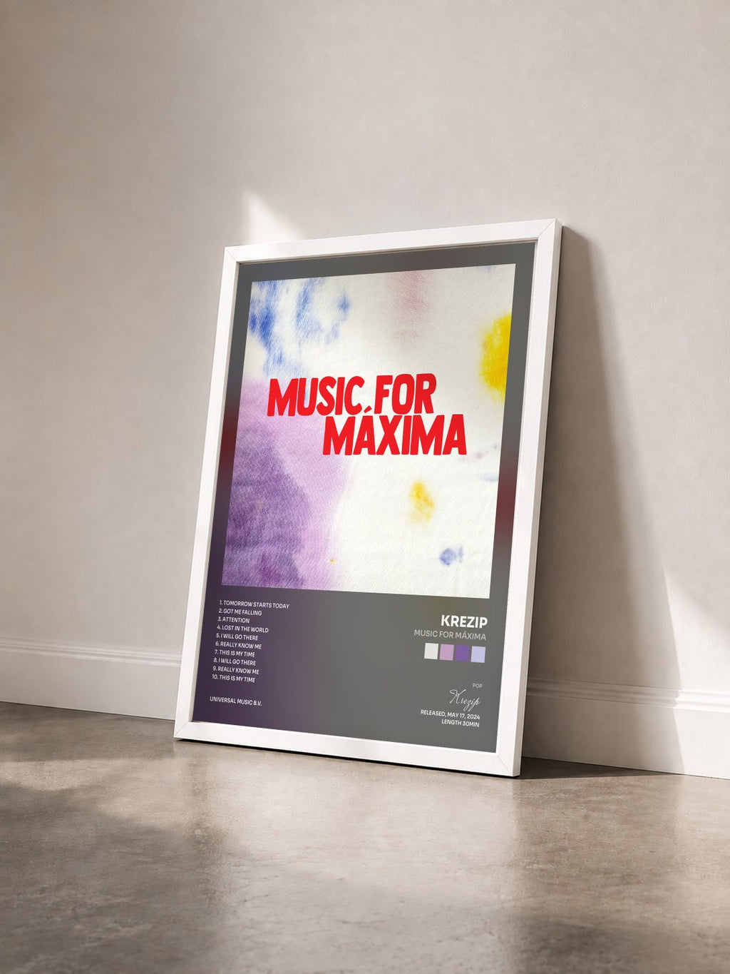 #blanc Tableau de l'album Music For Máxima de Krezip vu de trois quarts, cadre blanc