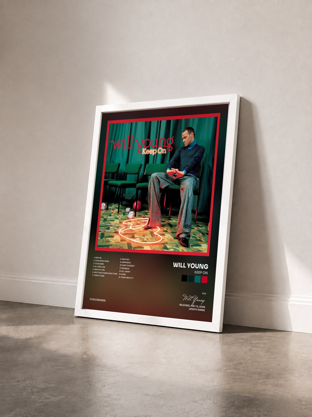 #blanc Tableau de l'album Keep On de Will Young vu de trois quarts, cadre blanc