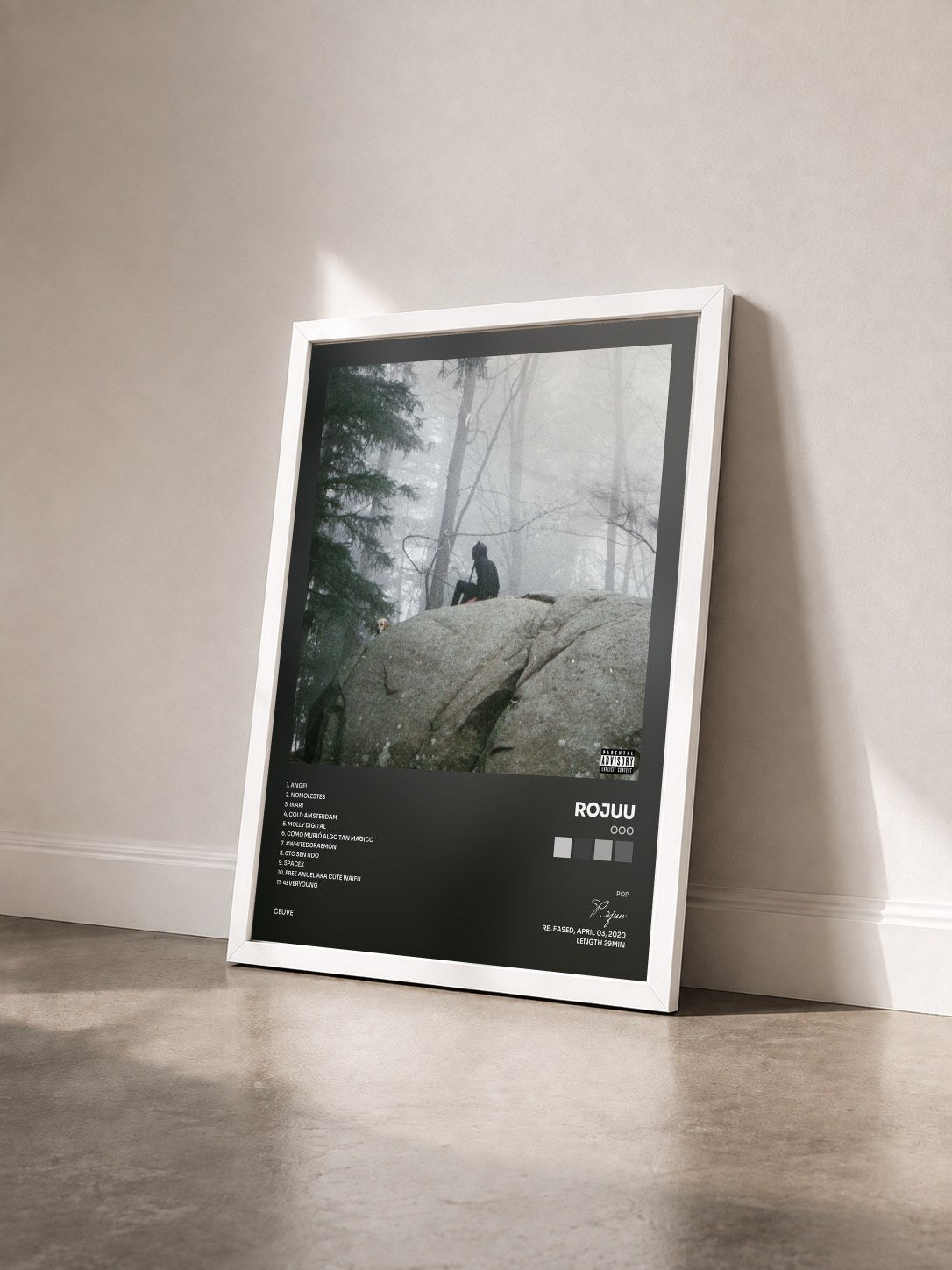 #blanc Tableau de l'album OOO de Rojuu vu de trois quarts, cadre blanc
