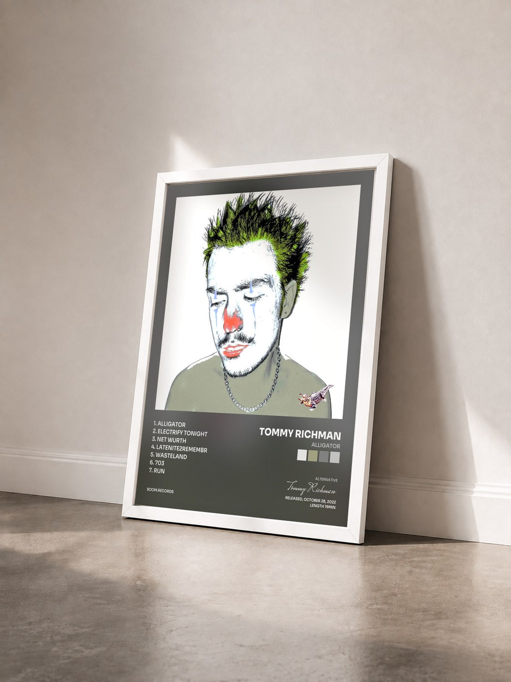 #blanc Tableau de l'album ALLIGATOR de Tommy Richman vu de trois quarts, cadre blanc