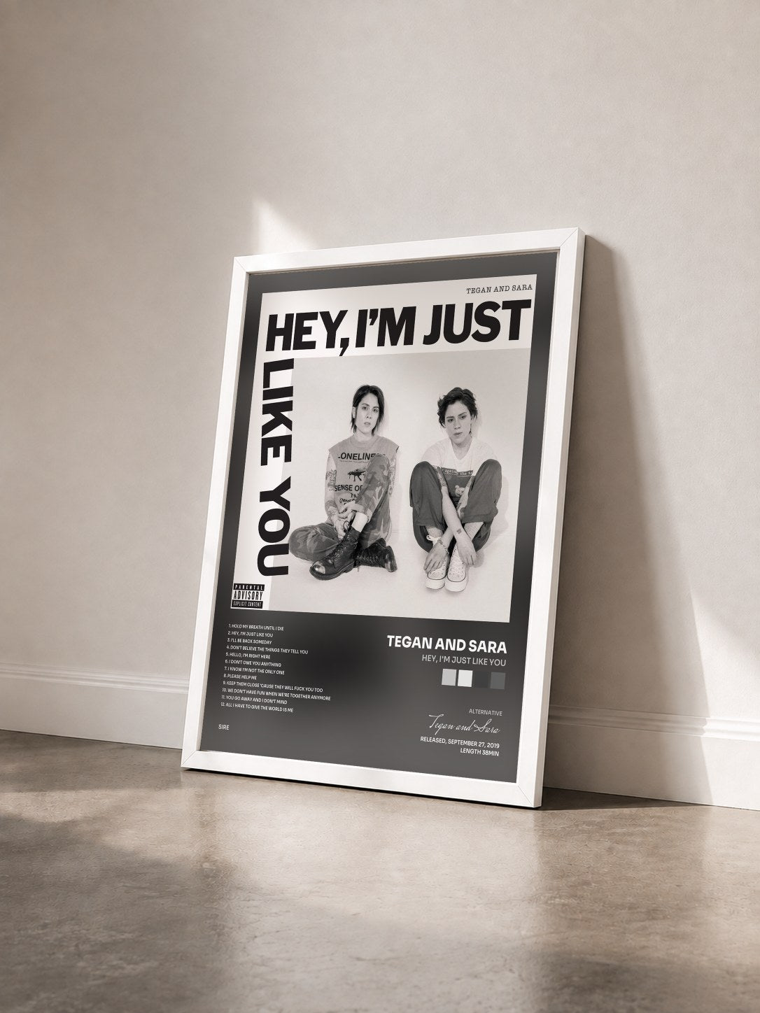 #blanc Tableau de l'album Hey, I'm Just like You de Tegan and Sara vu de trois quarts, cadre blanc