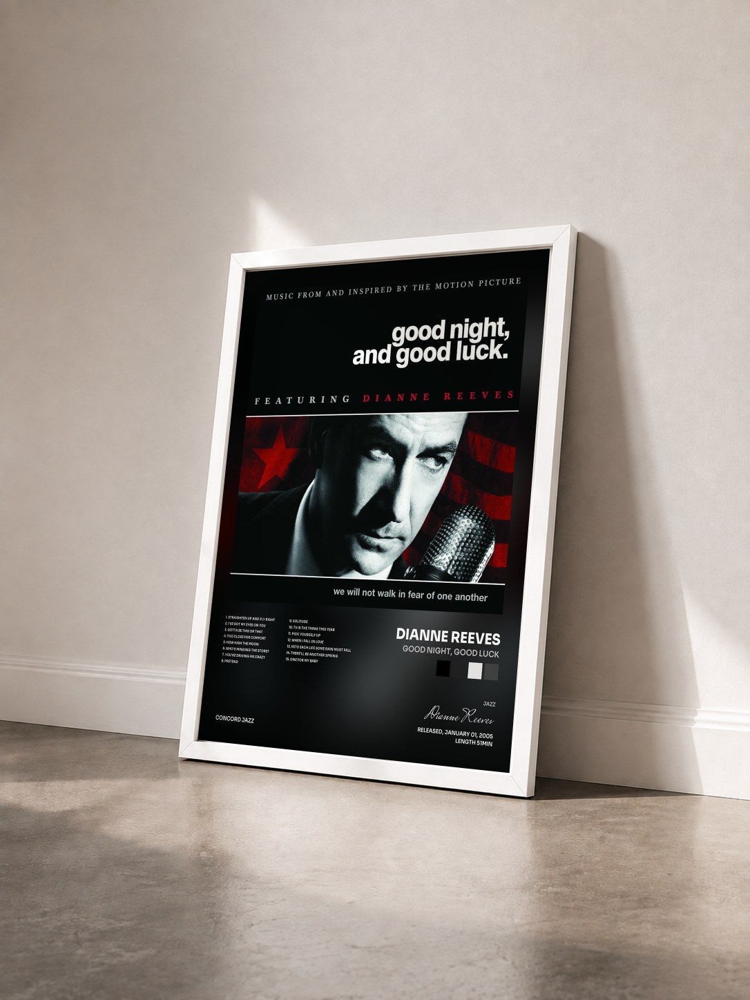 #blanc Tableau de l'album Good Night, Good Luck de Dianne Reeves vu de trois quarts, cadre blanc