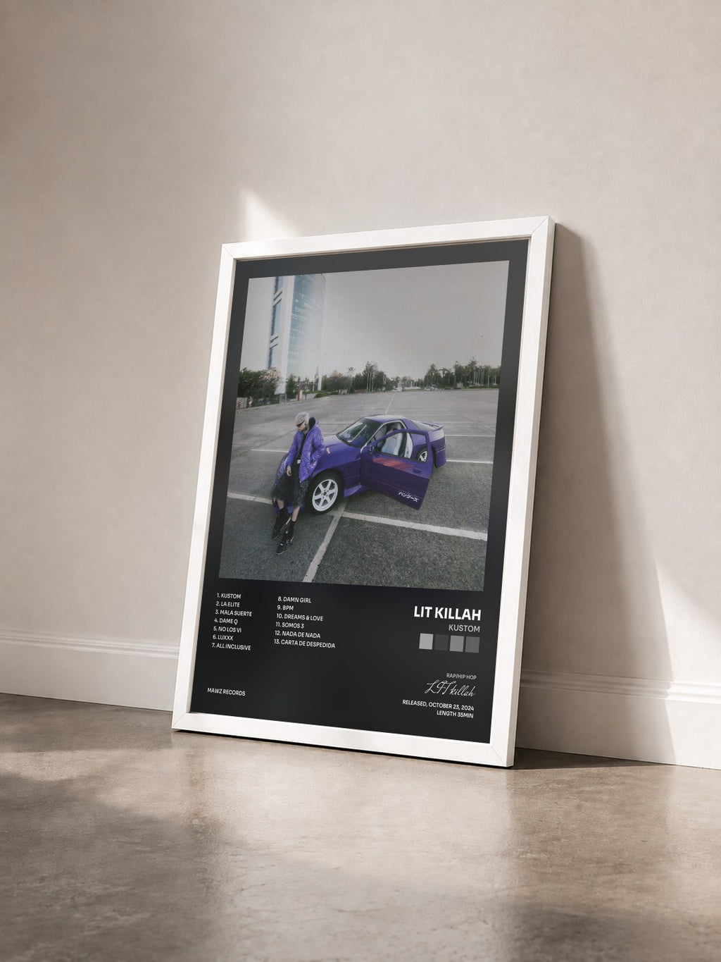 #blanc Tableau de l'album KUSTOM de LIT killah vu de trois quarts, cadre blanc