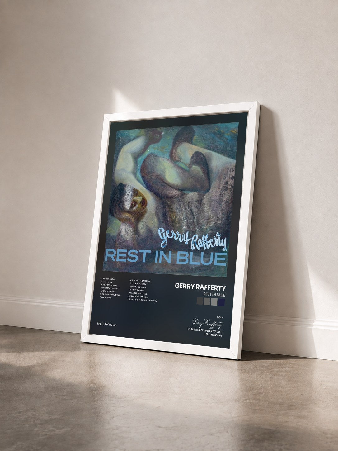 #blanc Tableau de l'album Rest In Blue de Gerry Rafferty vu de trois quarts, cadre blanc