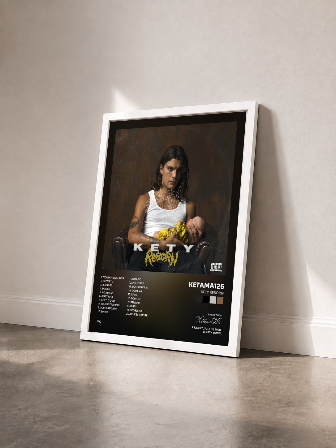 #blanc Tableau de l'album KETY REBORN de Ketama126 vu de trois quarts, cadre blanc