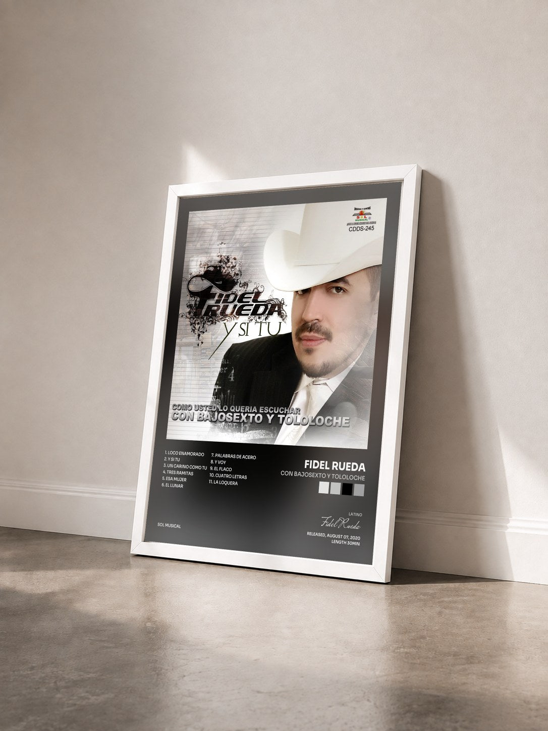 #blanc Tableau de l'album Con Bajosexto y Tololoche de Fidel Rueda vu de trois quarts, cadre blanc