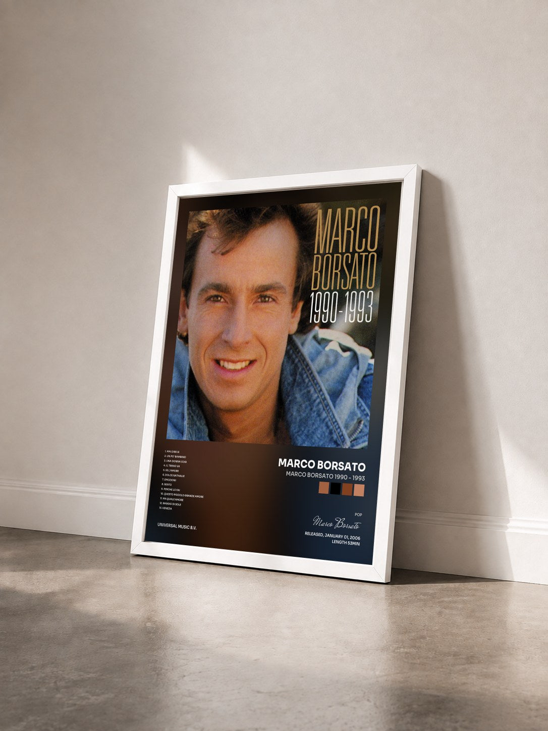 #blanc Tableau de l'album Marco Borsato 1990 - 1993 de Marco Borsato vu de trois quarts, cadre blanc