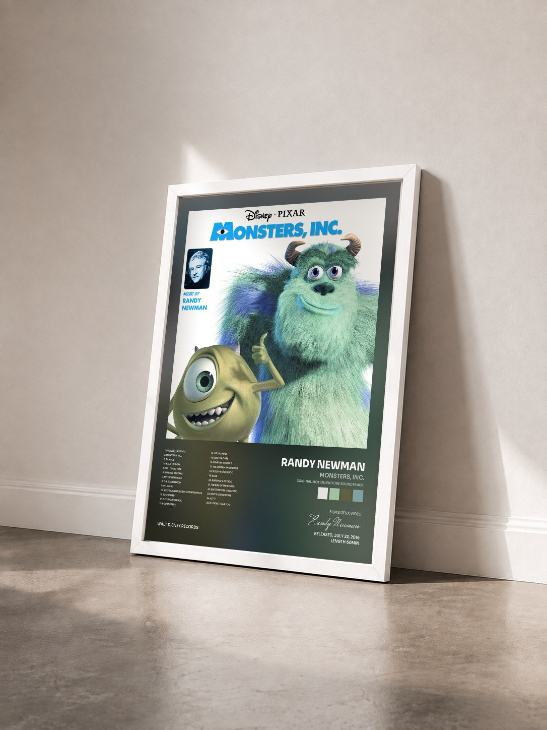 #blanc Tableau de l'album Monsters, Inc. (Original Motion Picture Soundtrack) de Randy Newman vu de trois quarts, cadre blanc