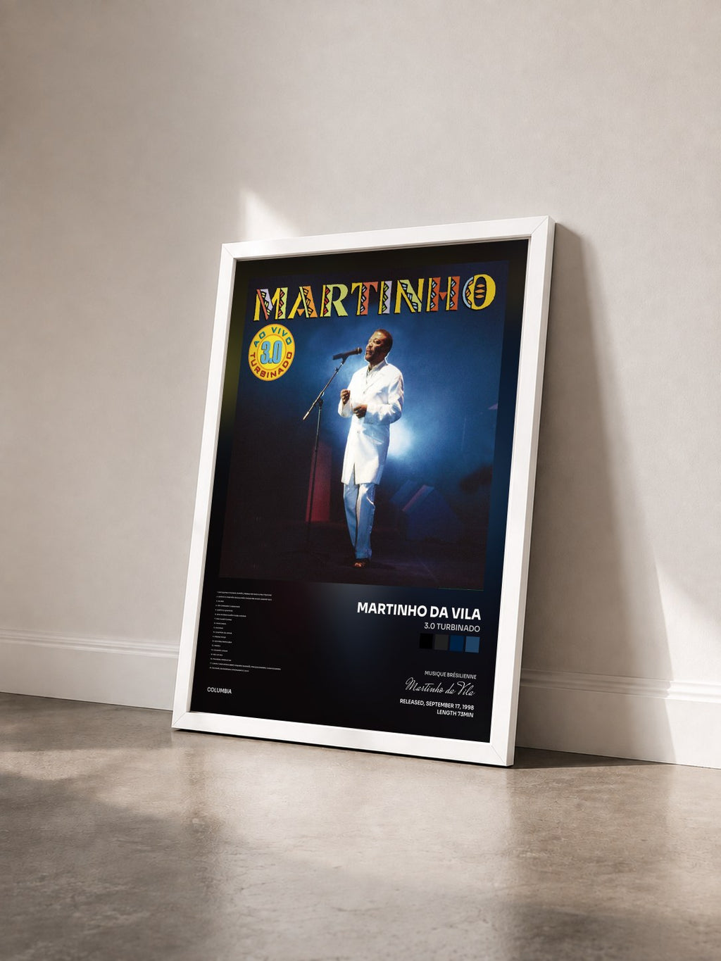 #blanc Tableau de l'album 3.0 Turbinado de Martinho da Vila vu de trois quarts, cadre blanc