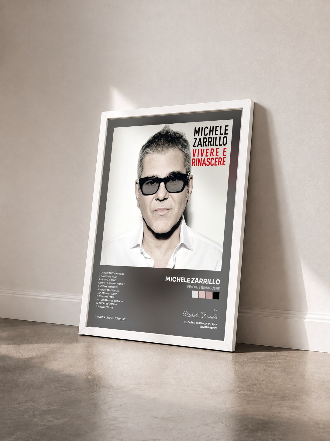 #blanc Tableau de l'album Vivere E Rinascere de Michele Zarrillo vu de trois quarts, cadre blanc