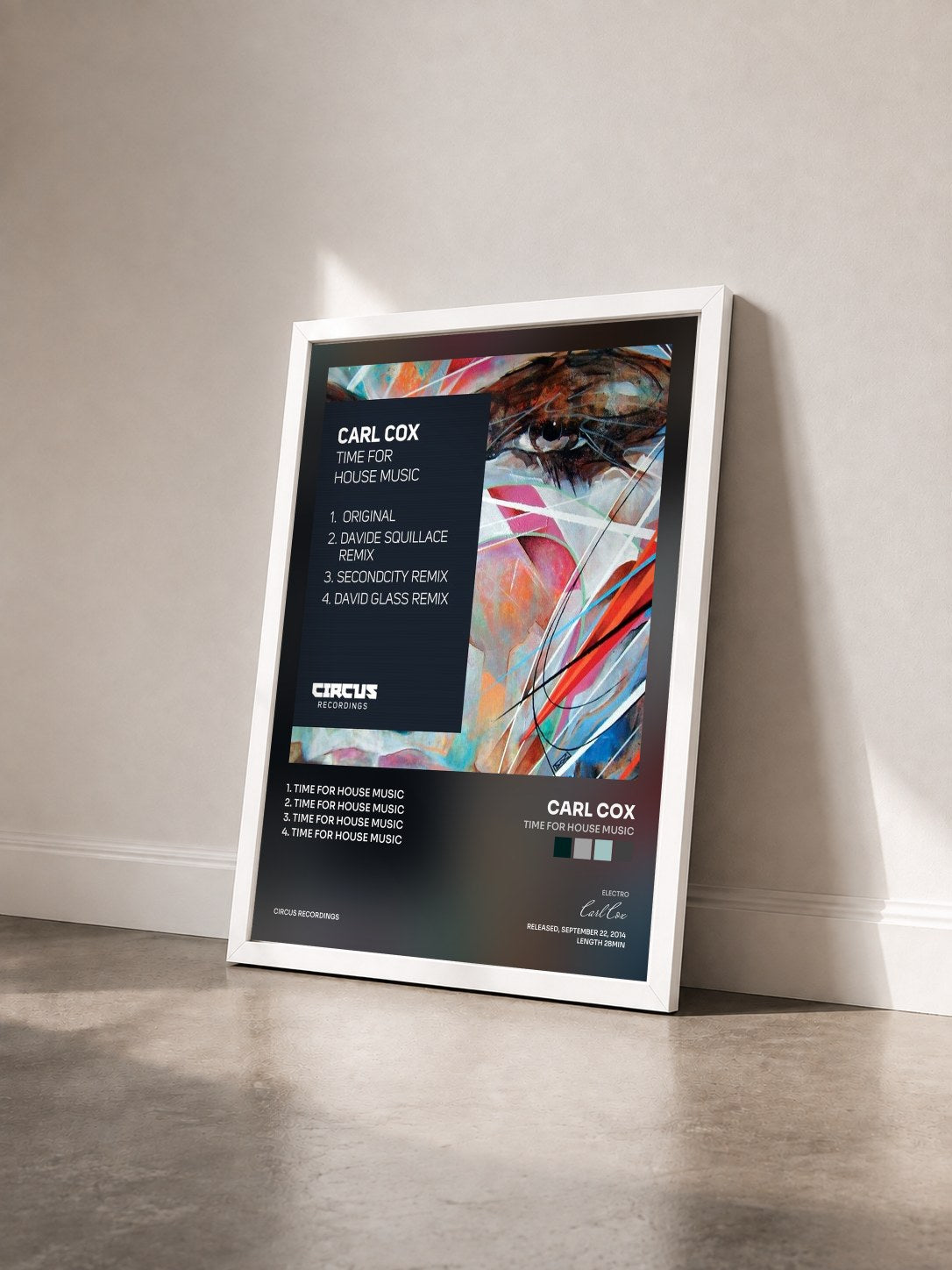 #blanc Tableau de l'album Time for House Music de Carl Cox vu de trois quarts, cadre blanc