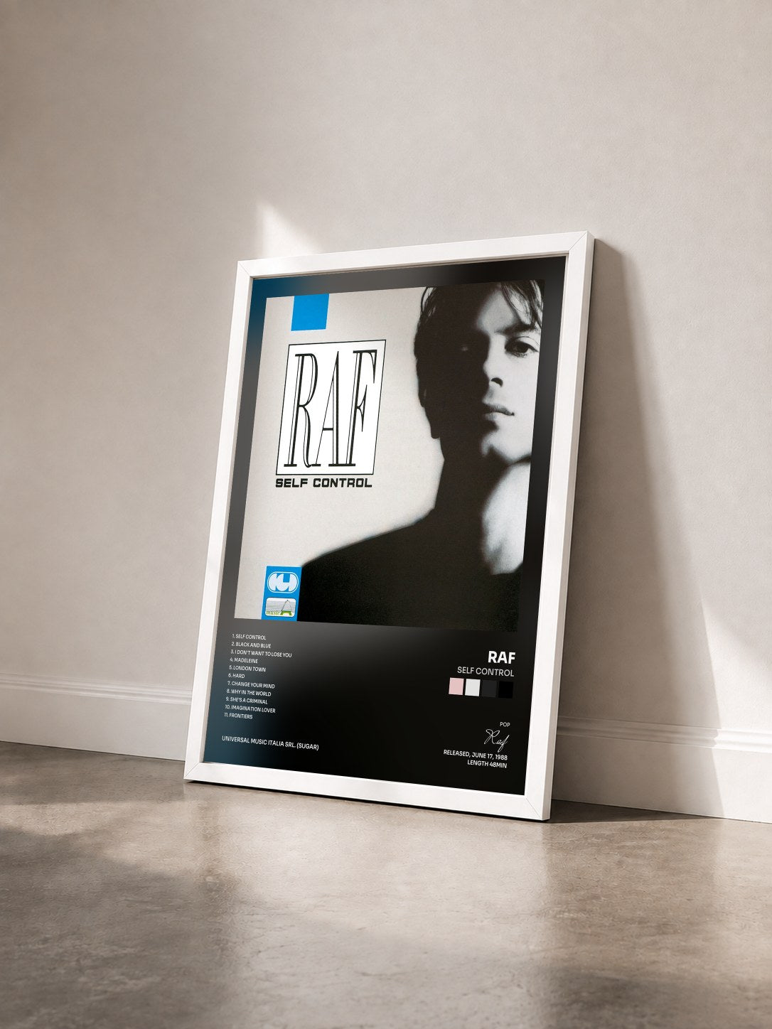 #blanc Tableau de l'album Self Control de Raf vu de trois quarts, cadre blanc