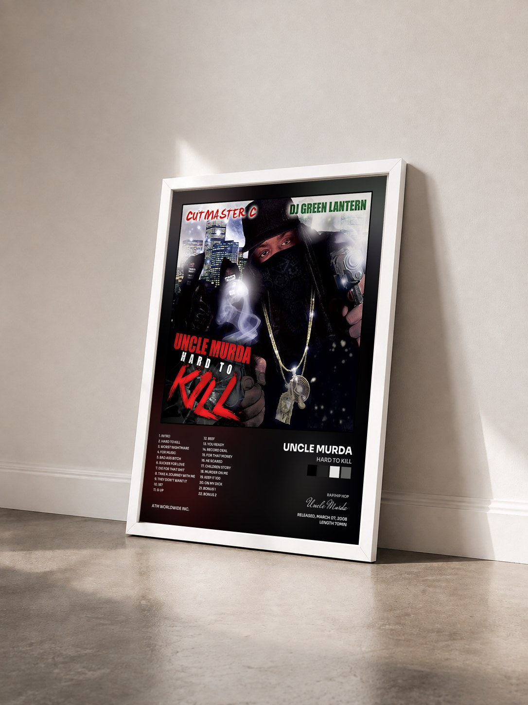 #blanc Tableau de l'album Hard to Kill de Uncle Murda vu de trois quarts, cadre blanc