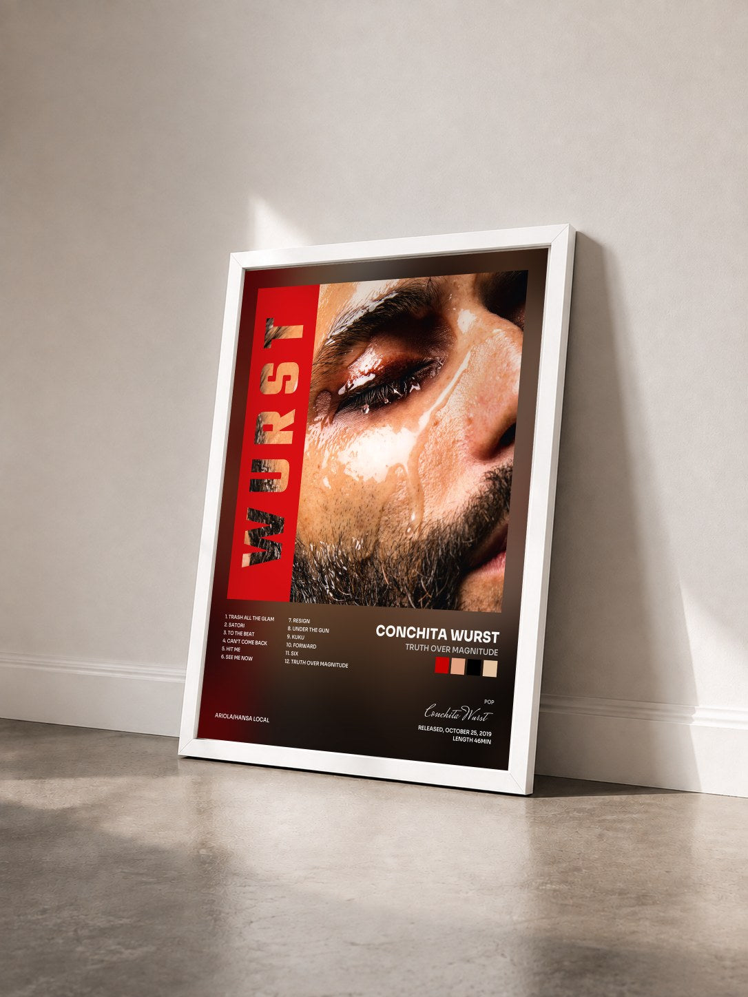 #blanc Tableau de l'album Truth Over Magnitude de Conchita Wurst vu de trois quarts, cadre blanc