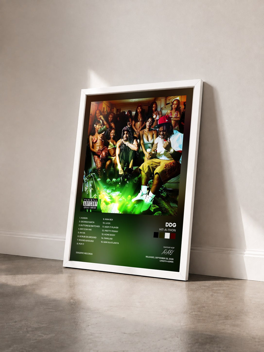 #blanc Tableau de l'album HIT-A-THON de DDG vu de trois quarts, cadre blanc