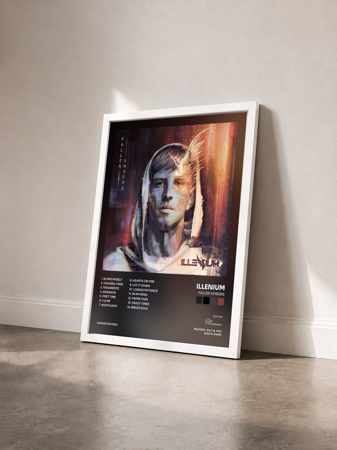 #blanc Tableau de l'album Fallen Embers de Illenium vu de trois quarts, cadre blanc