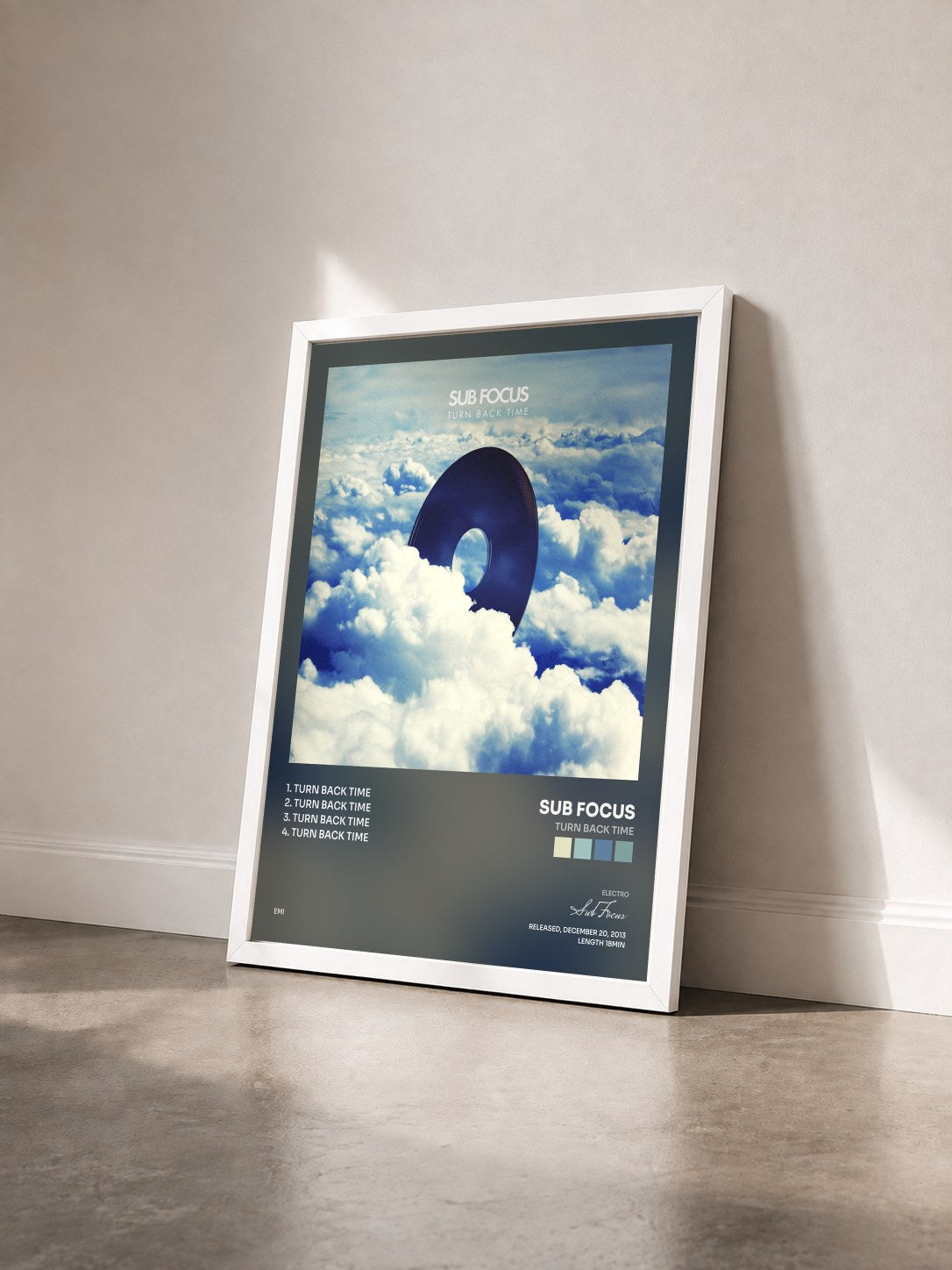 #blanc Tableau de l'album Turn Back Time de Sub Focus vu de trois quarts, cadre blanc
