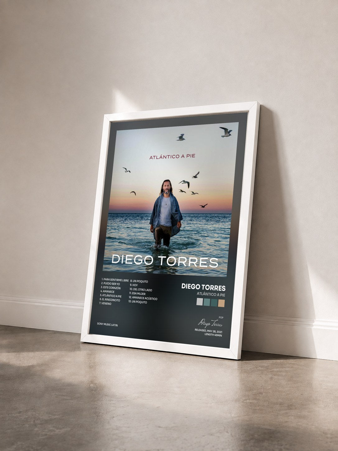 #blanc Tableau de l'album Atlántico a Pie de Diego Torres vu de trois quarts, cadre blanc