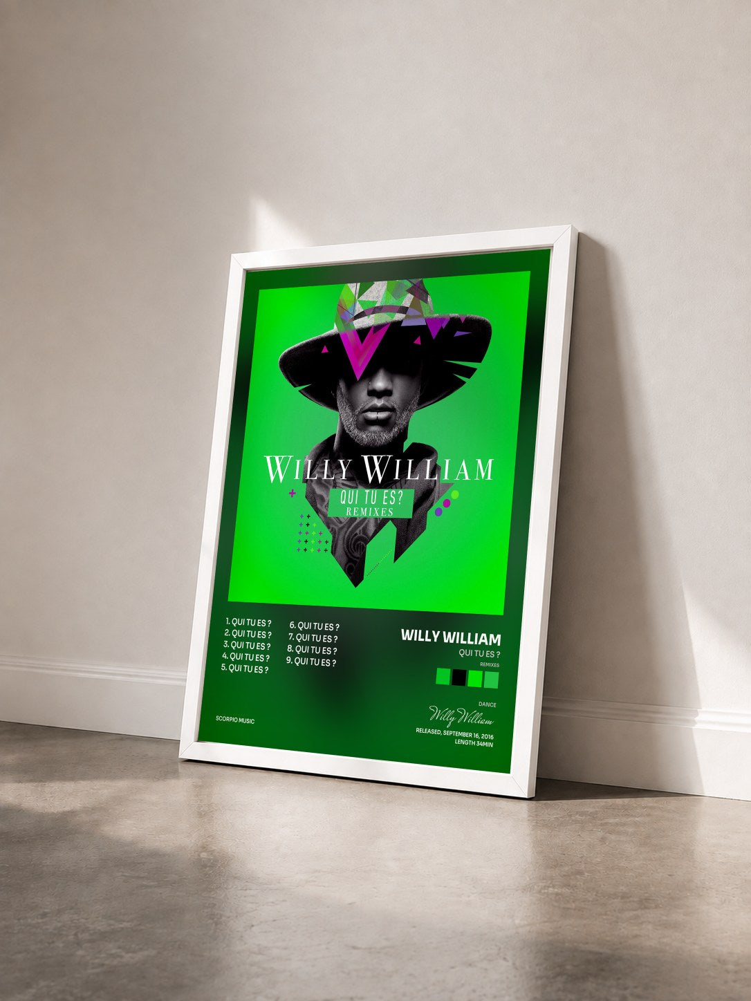 #blanc Tableau de l'album Qui tu es ? (Remixes) de Willy William vu de trois quarts, cadre blanc
