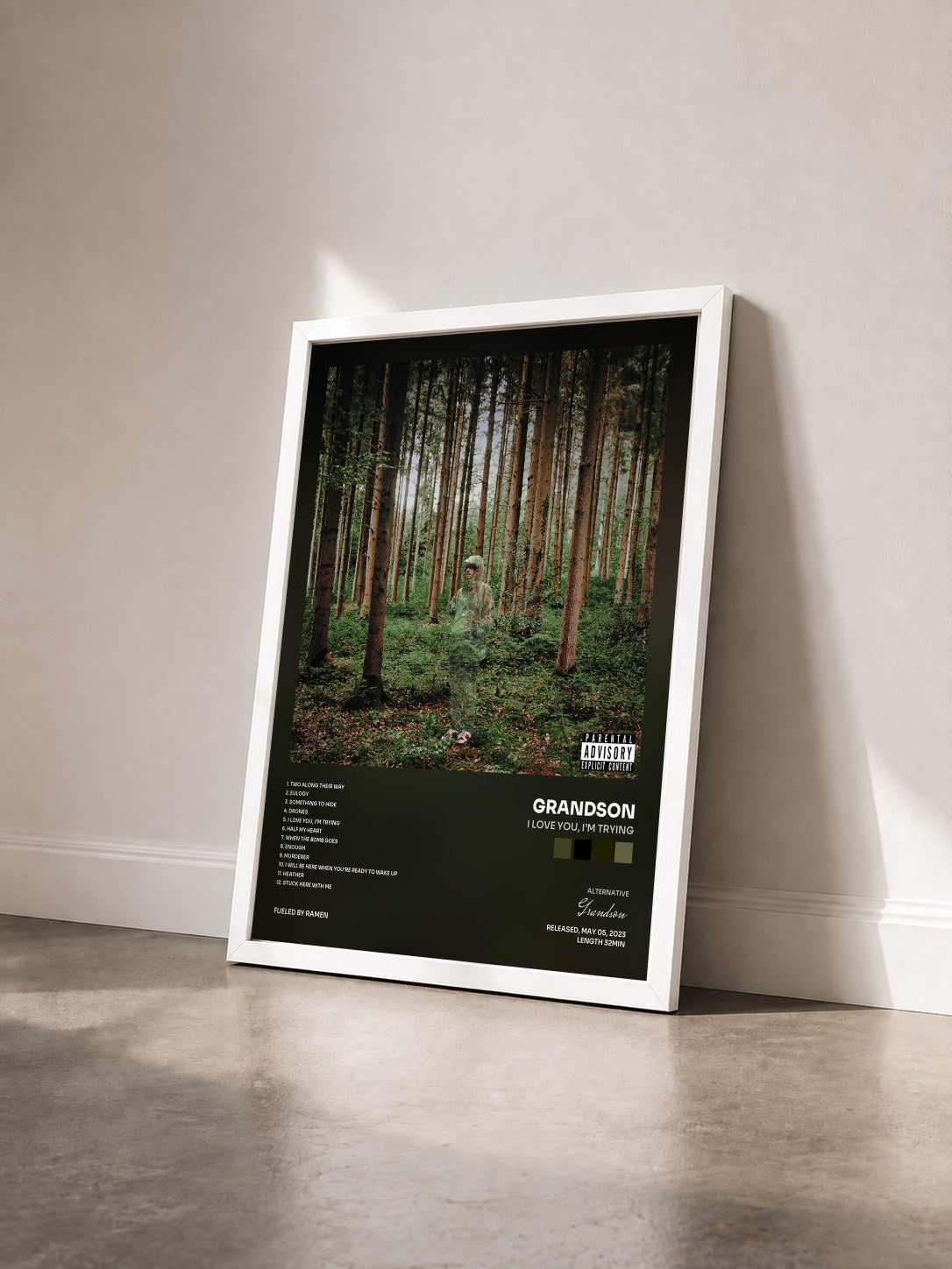#blanc Tableau de l'album I Love You, I’m Trying de Grandson vu de trois quarts, cadre blanc