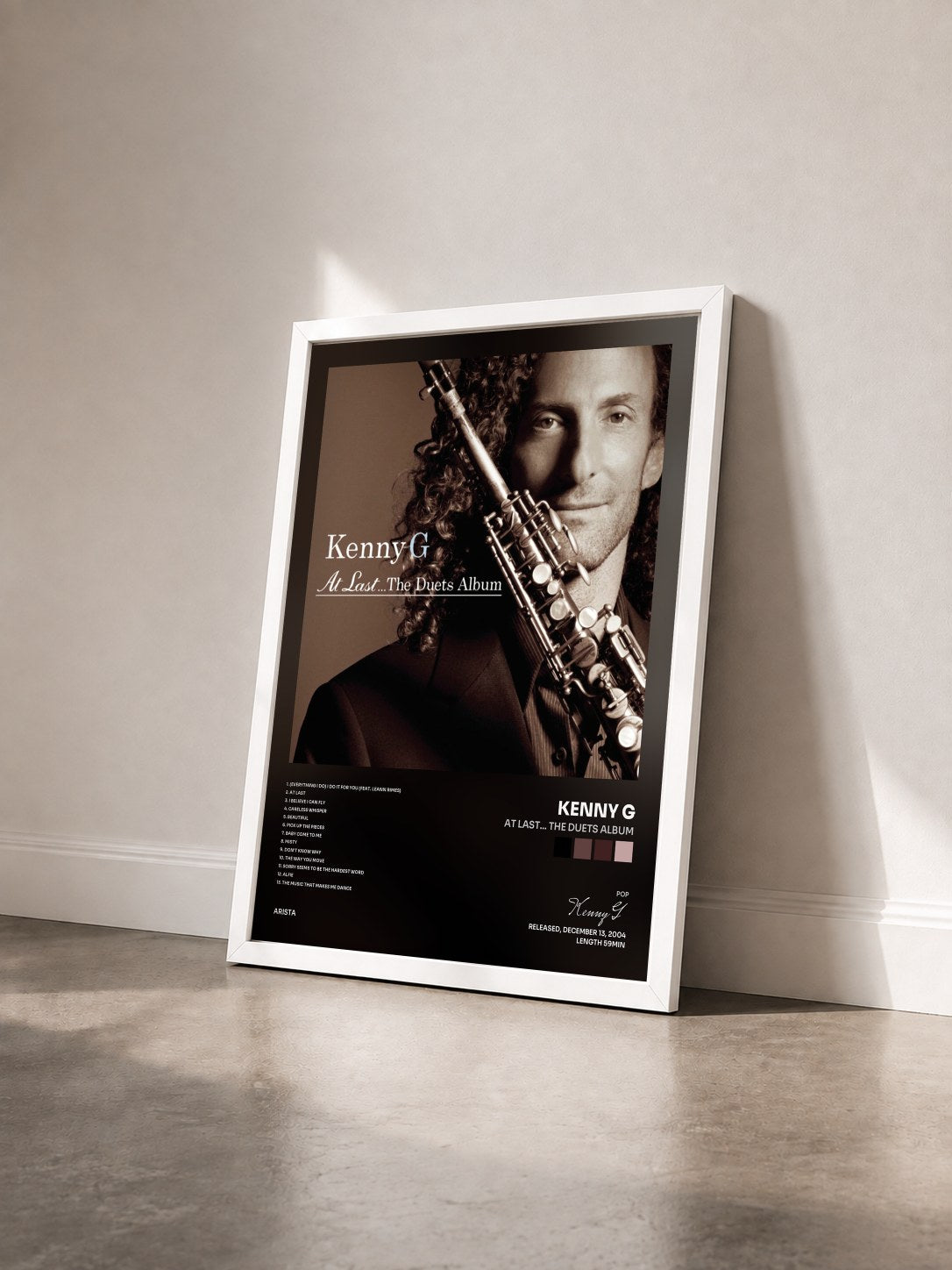 #blanc Tableau de l'album At Last... The Duets Album de Kenny G vu de trois quarts, cadre blanc