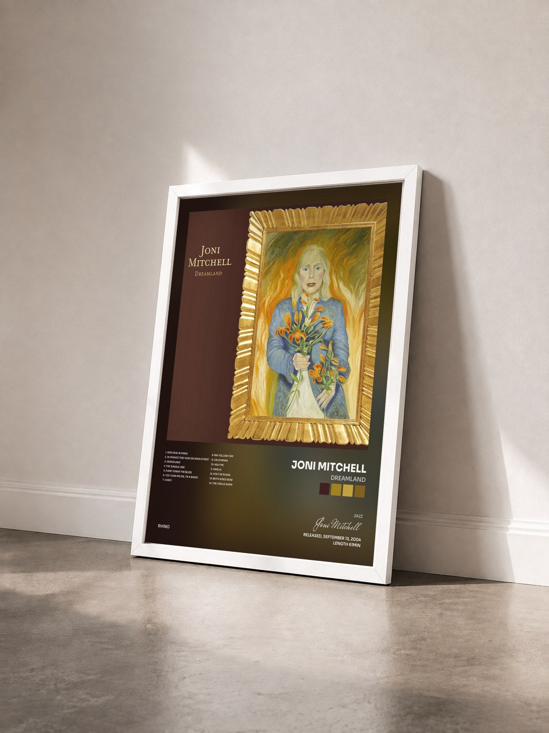 #blanc Tableau de l'album Dreamland de Joni Mitchell vu de trois quarts, cadre blanc