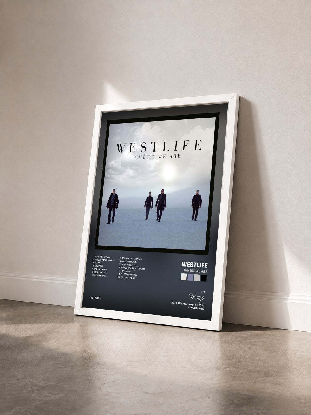 #blanc Tableau de l'album Where We Are de Westlife vu de trois quarts, cadre blanc