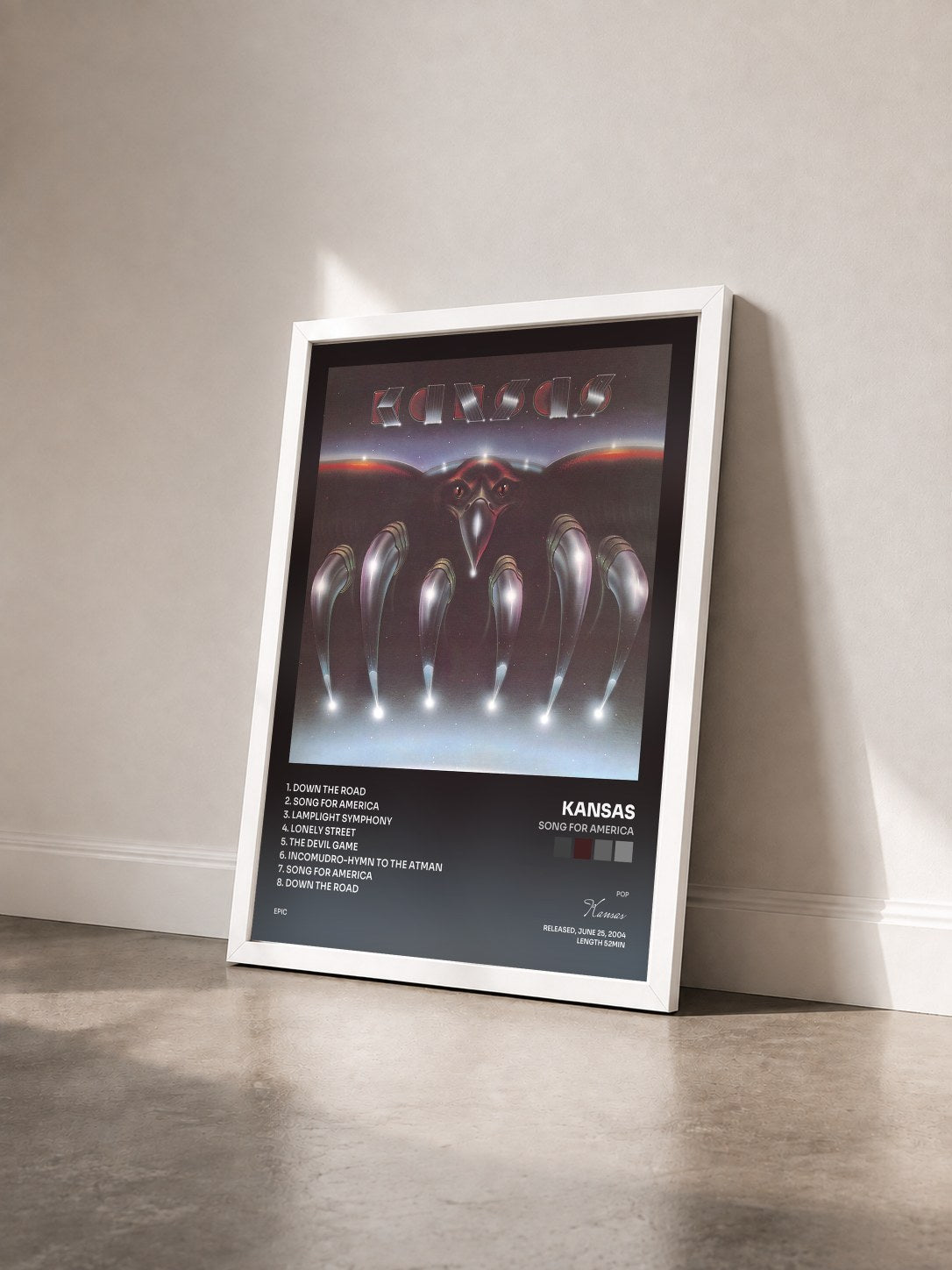 #blanc Tableau de l'album Song For America de Kansas vu de trois quarts, cadre blanc