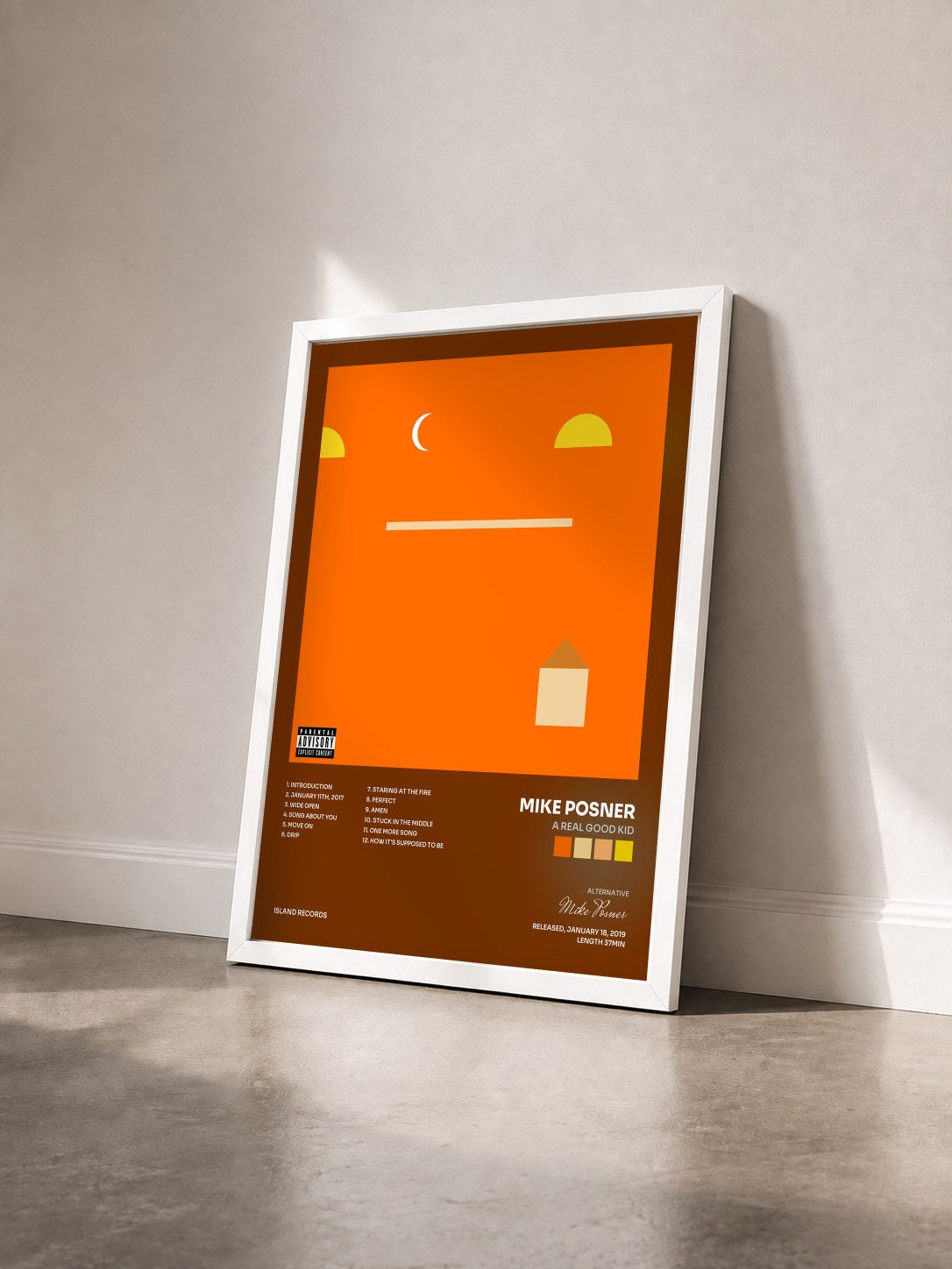 #blanc Tableau de l'album A Real Good Kid de Mike Posner vu de trois quarts, cadre blanc