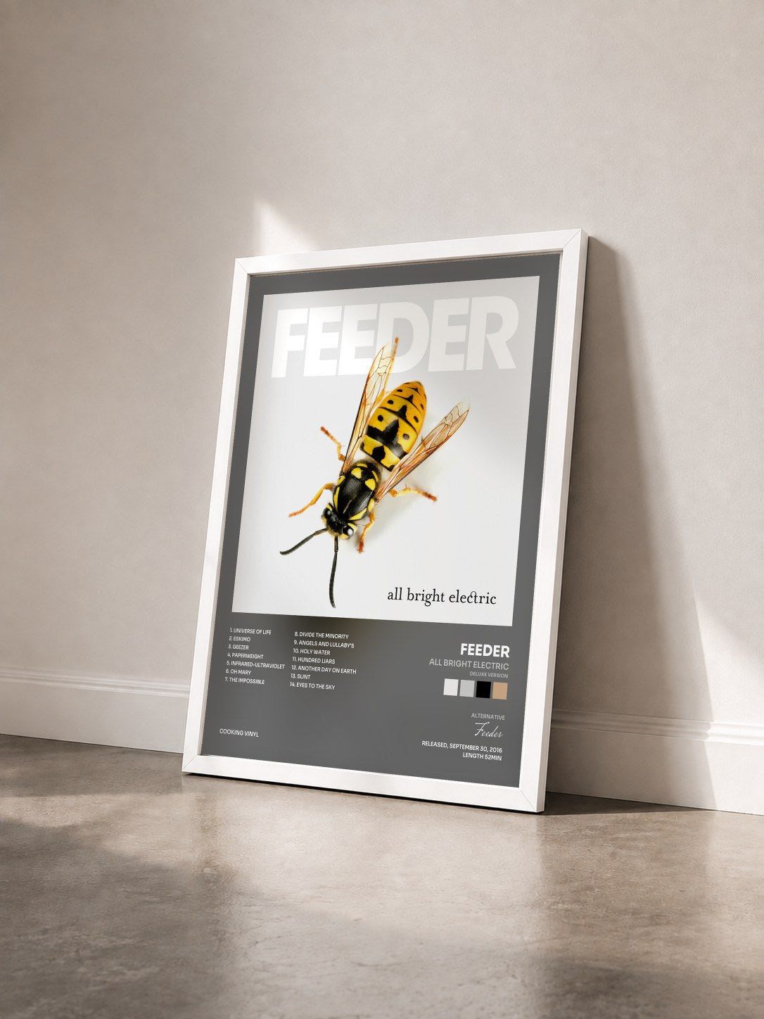 #blanc Tableau de l'album All Bright Electric (Deluxe Version) de Feeder vu de trois quarts, cadre blanc