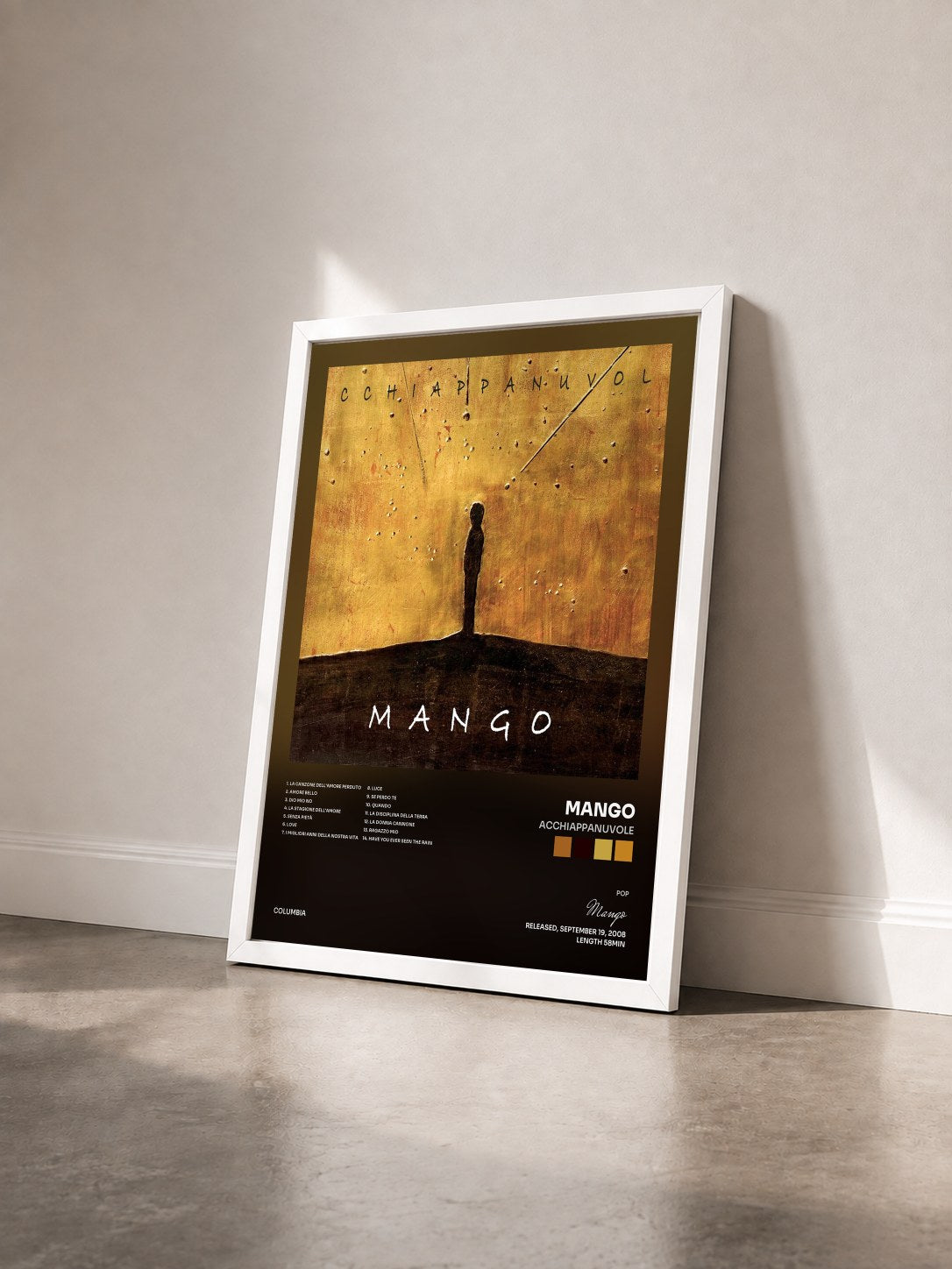 #blanc Tableau de l'album Acchiappanuvole de Mango vu de trois quarts, cadre blanc