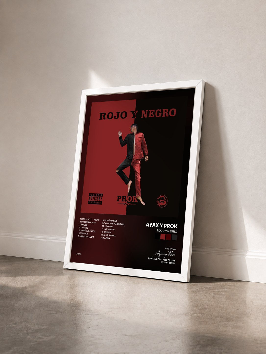 #blanc Tableau de l'album Rojo y Negro de Ayax y Prok vu de trois quarts, cadre blanc