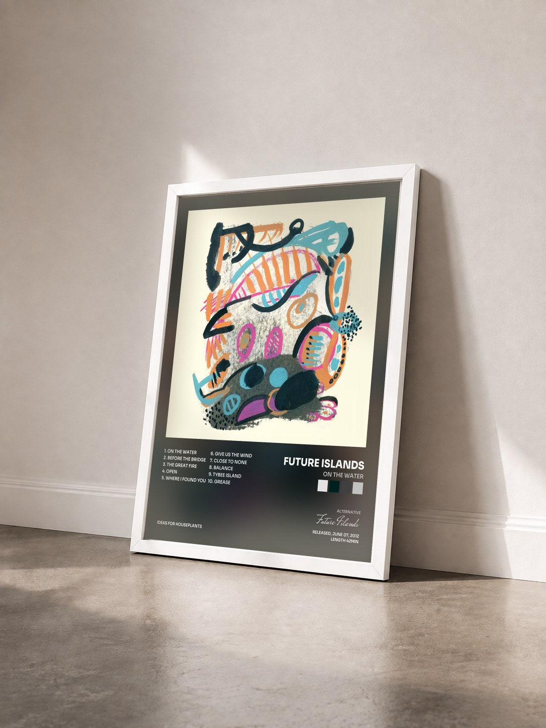 #blanc Tableau de l'album On the Water de Future Islands vu de trois quarts, cadre blanc
