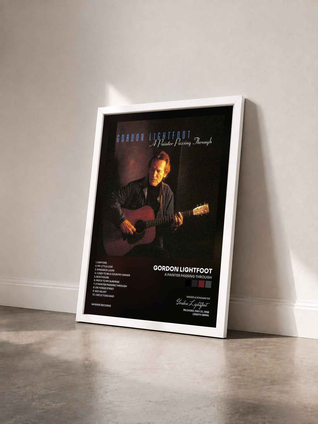 #blanc Tableau de l'album A Painter Passing Through de Gordon Lightfoot vu de trois quarts, cadre blanc
