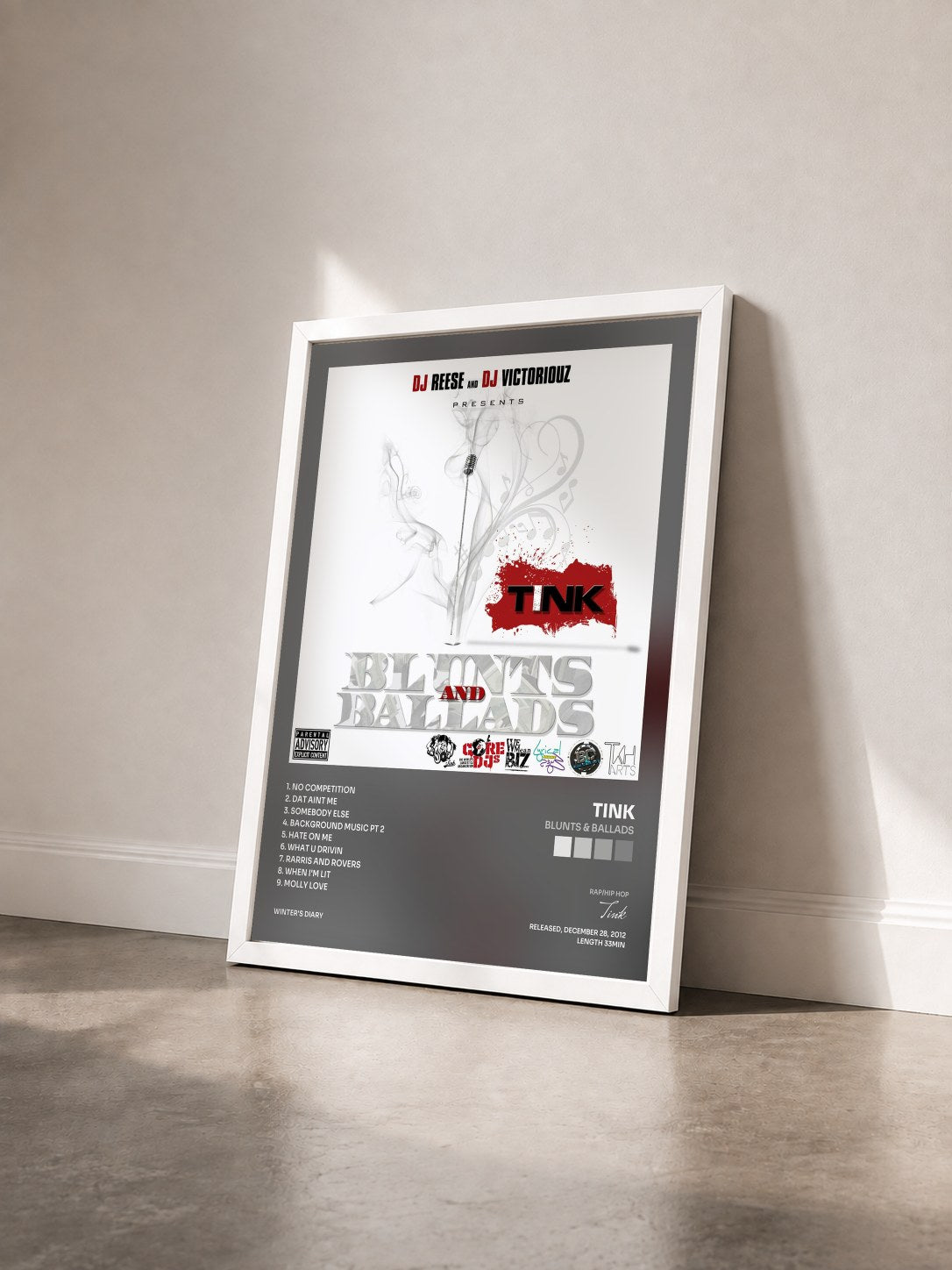 #blanc Tableau de l'album Blunts & Ballads de Tink vu de trois quarts, cadre blanc