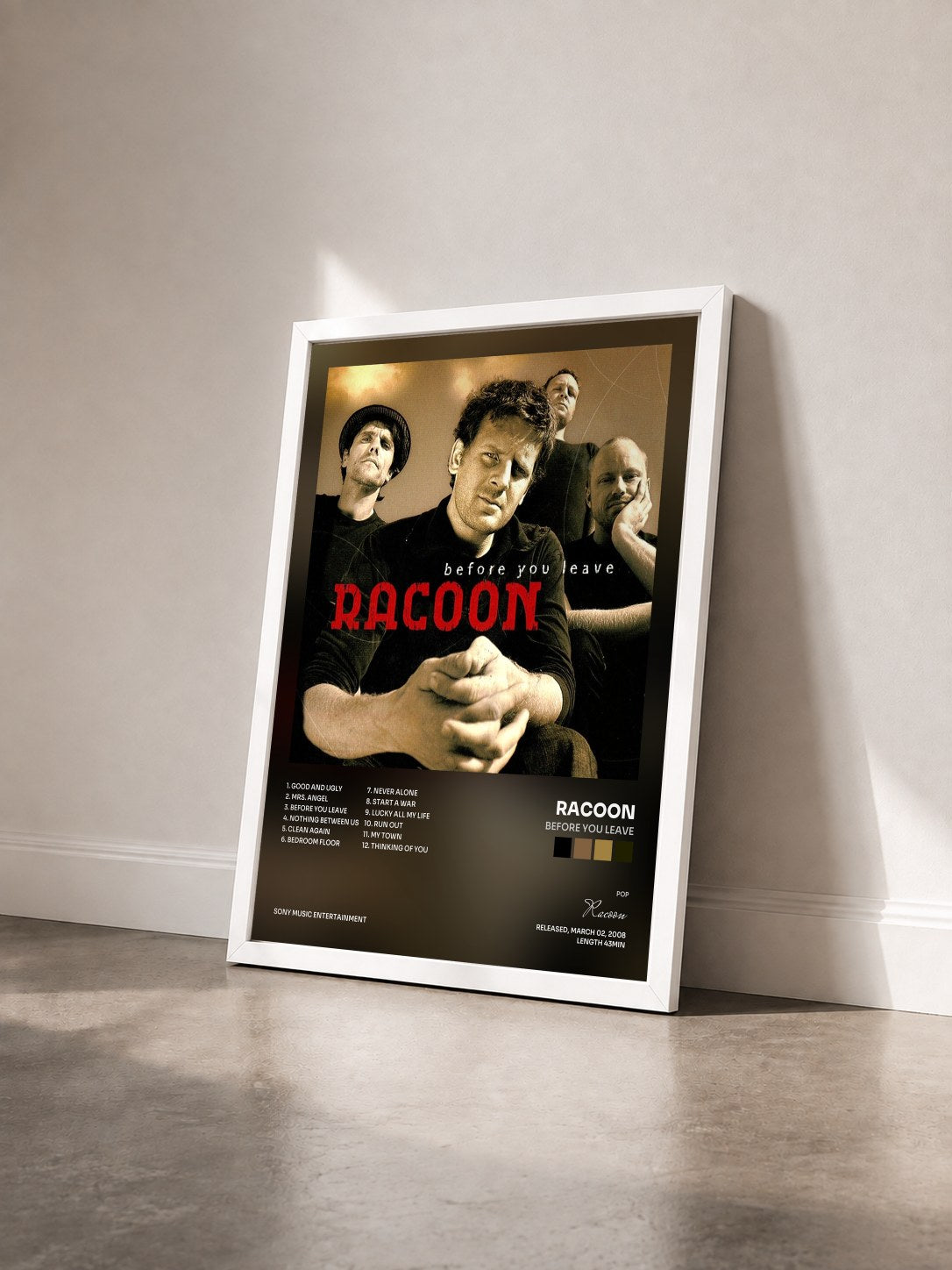 #blanc Tableau de l'album Before You Leave de Racoon vu de trois quarts, cadre blanc