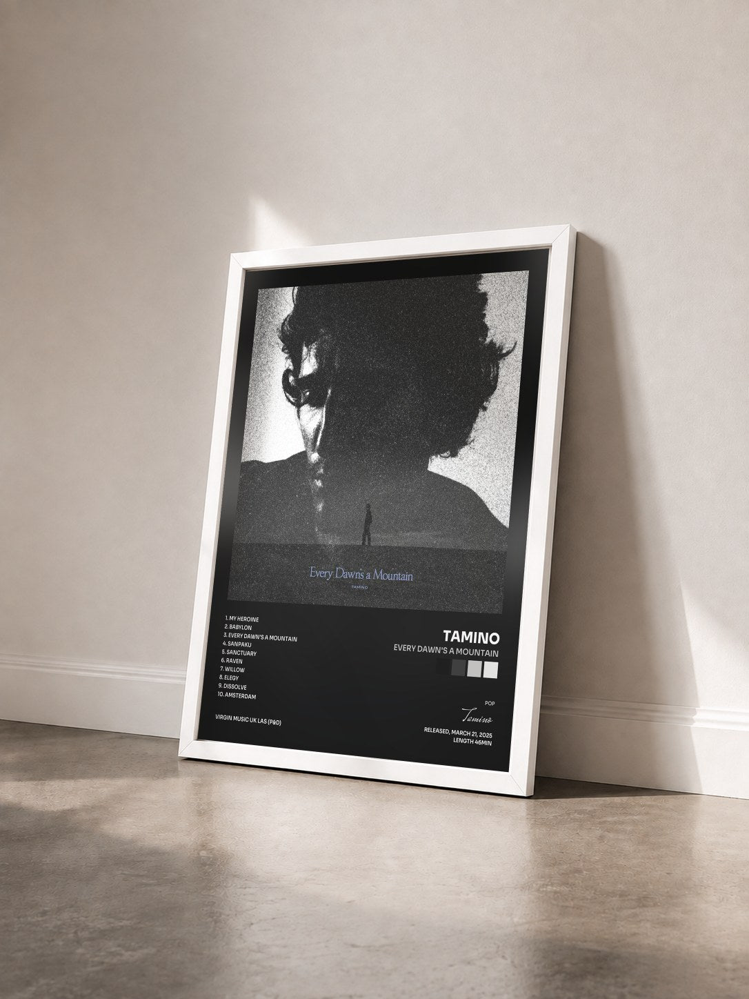 #blanc Tableau de l'album Every Dawn's a Mountain de Tamino vu de trois quarts, cadre blanc