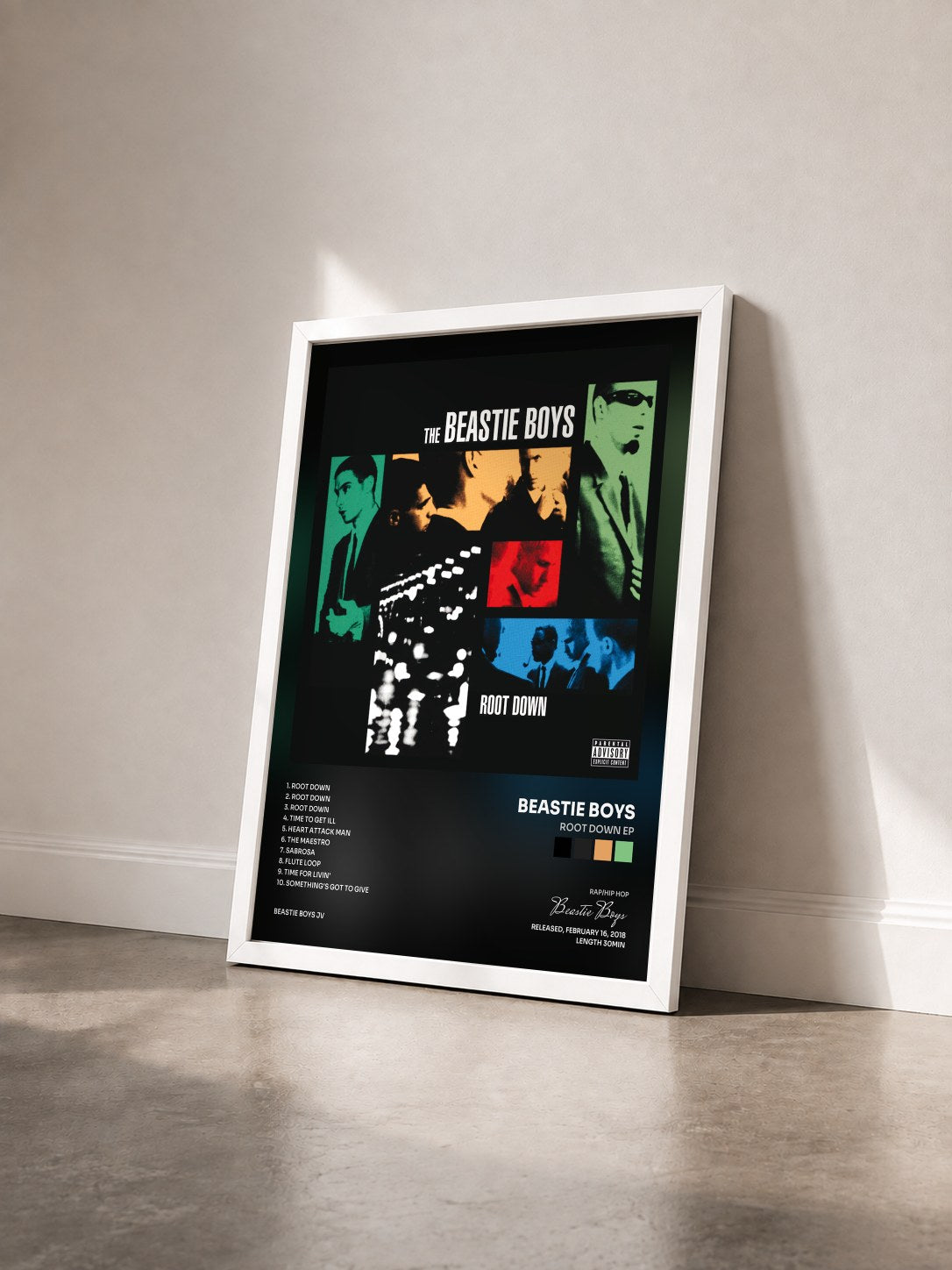#blanc Tableau de l'album Root Down EP de Beastie Boys vu de trois quarts, cadre blanc