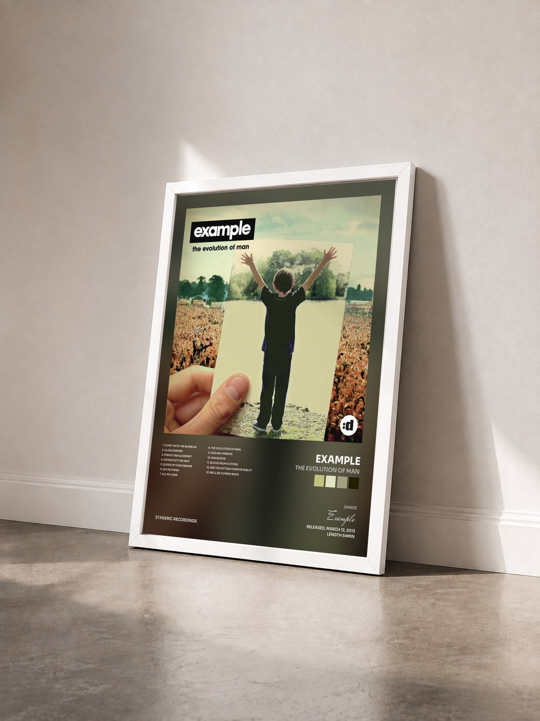 #blanc Tableau de l'album The Evolution of Man de Example vu de trois quarts, cadre blanc
