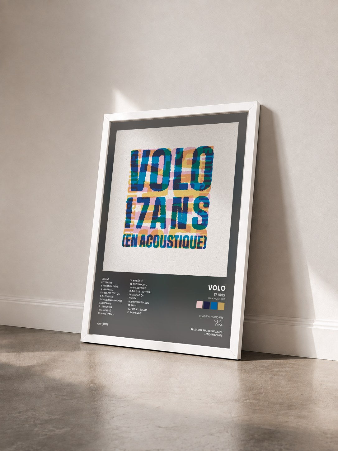#blanc Tableau de l'album 17 ans (en acoustique) de Volo vu de trois quarts, cadre blanc