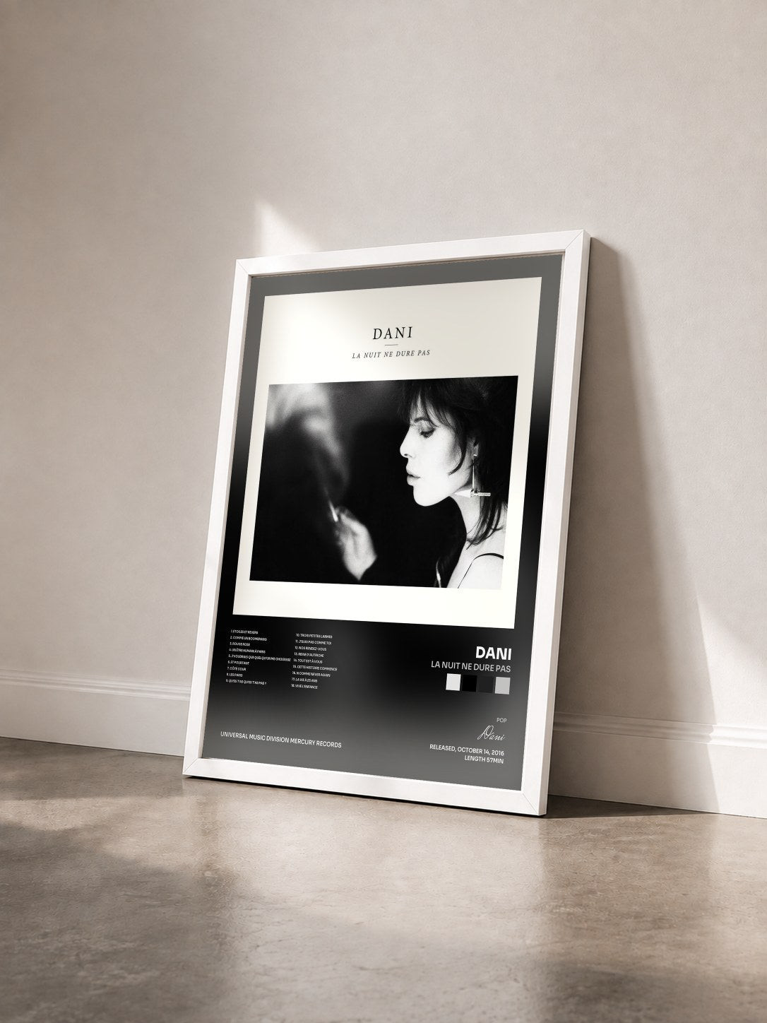 #blanc Tableau de l'album La nuit ne dure pas de Dani vu de trois quarts, cadre blanc