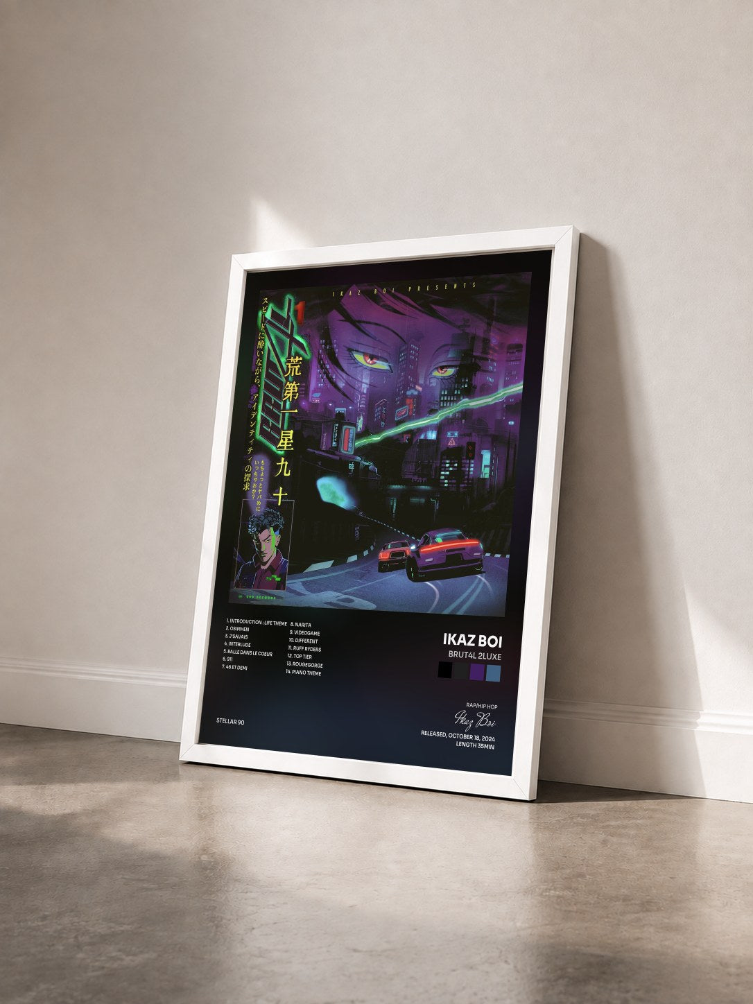 #blanc Tableau de l'album BRUT4L 2LUXE de Ikaz Boi vu de trois quarts, cadre blanc