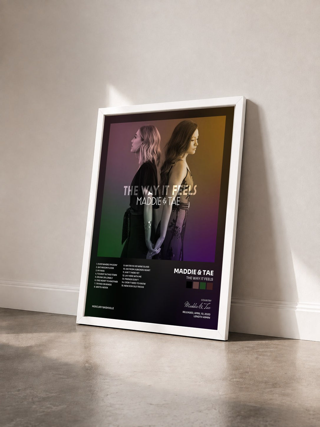 #blanc Tableau de l'album The Way It Feels de Maddie & Tae vu de trois quarts, cadre blanc