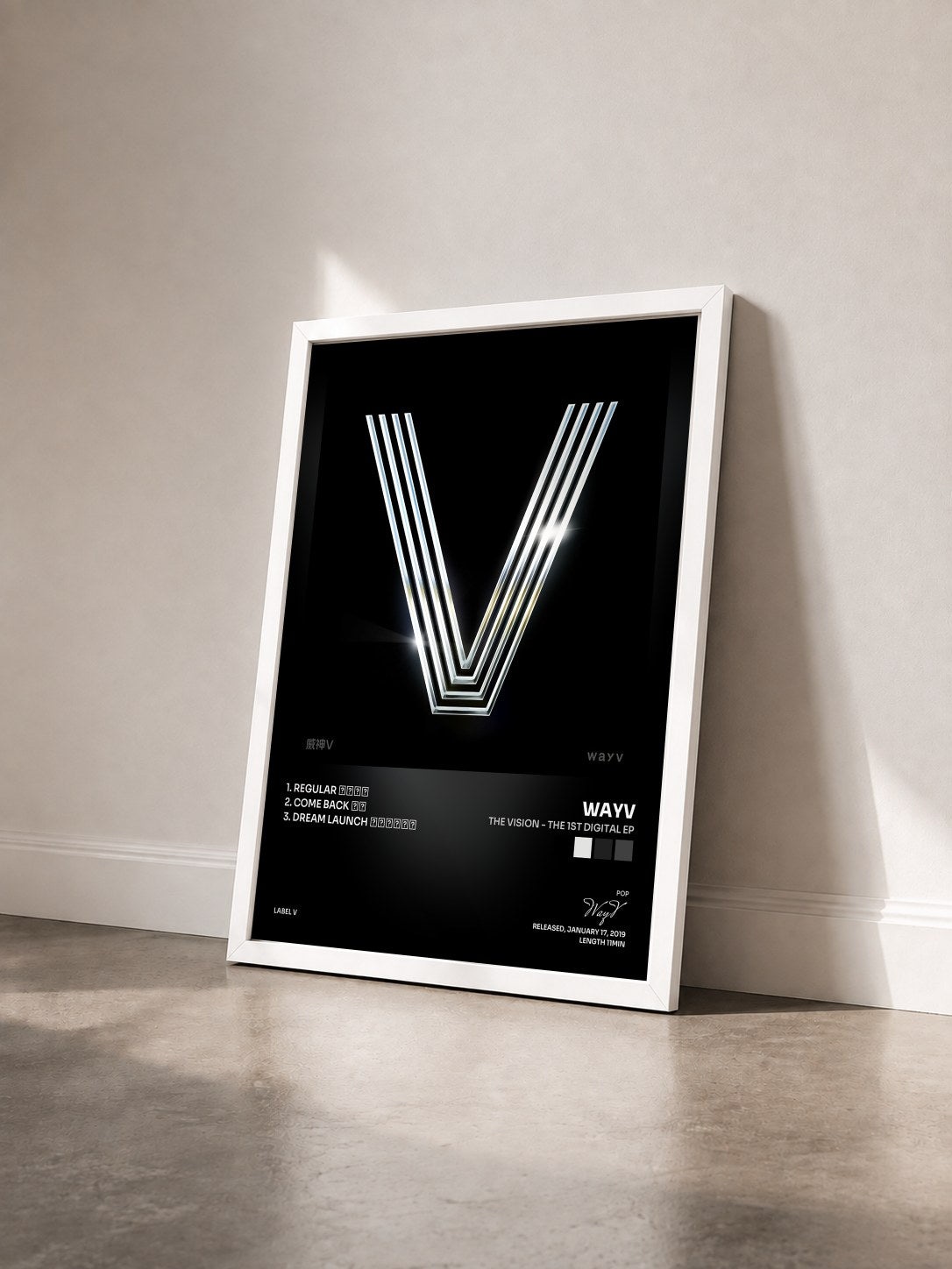 #blanc Tableau de l'album The Vision - The 1st Digital EP de WayV vu de trois quarts, cadre blanc