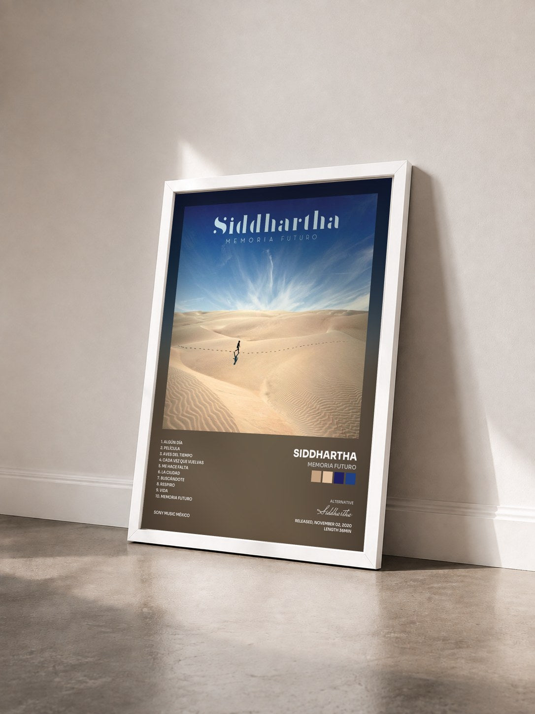#blanc Tableau de l'album MEMORIA FUTURO de Siddhartha vu de trois quarts, cadre blanc